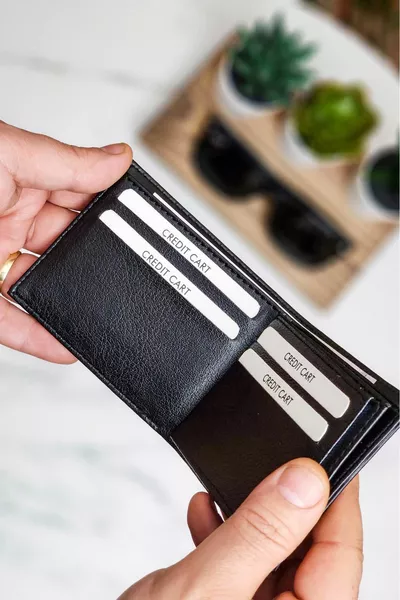 محفظة جلدية أنيقة أنيقة كلاسيكية  حامل بطاقة ائتمان أسود