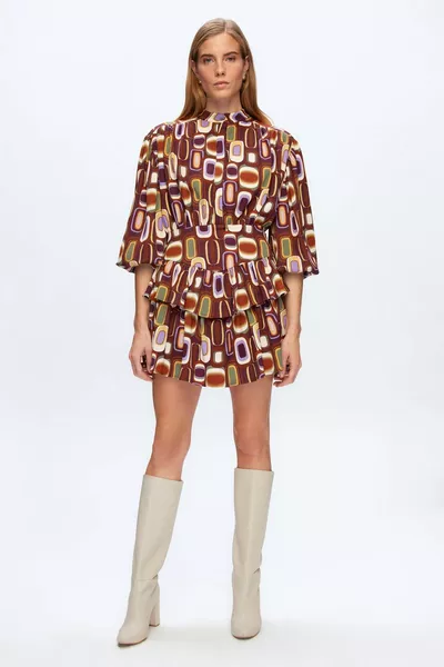 Mini-robe à motifs de cordon de serrage à manches ballon