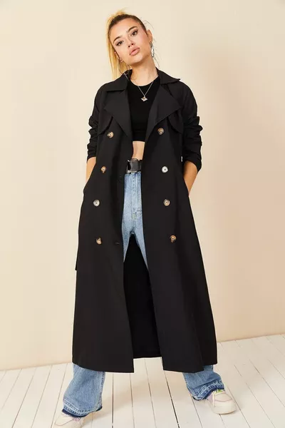 Women's Black Shawl Collar Buttoned Trench Coat