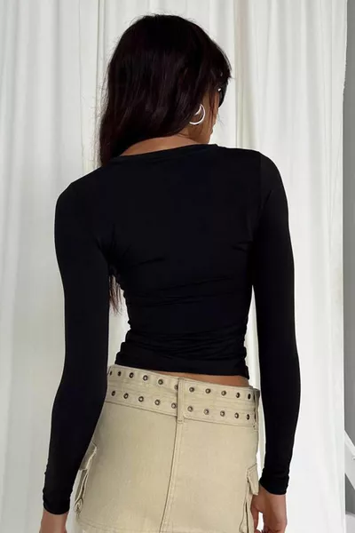 Black Crew Neck Basic Long Sleeve Bodysuit 