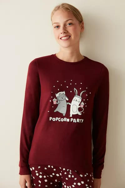 Pigiama termico bordeaux stampato Popcorn Party