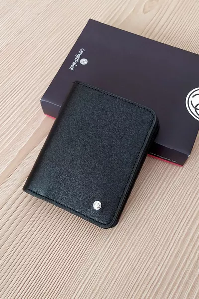 جلد طبيعي أسود صغير الحجم محفظة