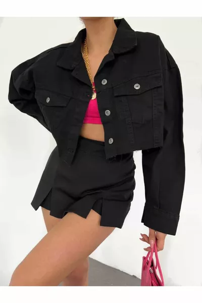 Женская укороченная джинсовая куртка с двойным карманом лазерного кроя 