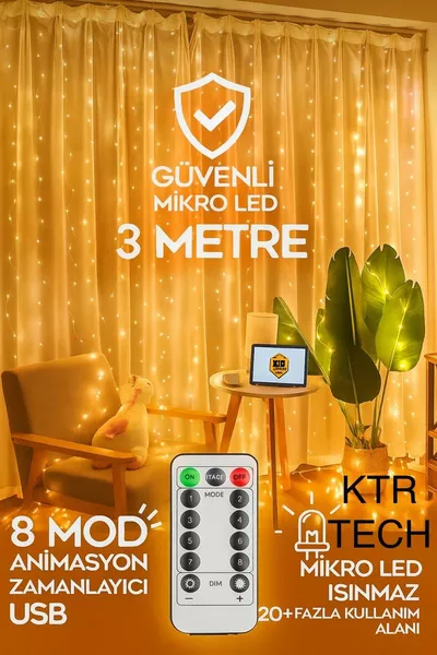  Ledli  Sarkıtlı Perde Led Işık 8 Fonksiyon Uzaktan Kumandalı  Metre