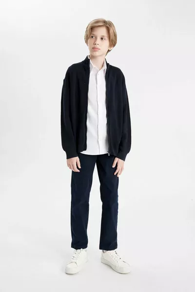 Boys' Navy Blue Half Turtleneck Knit School Basic Cardigan AU