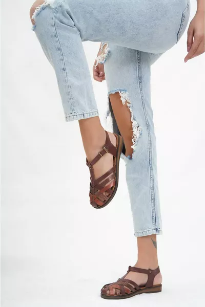 Hakiki Deri Kahverengi Twinkle-3 Kadın Deri Sandalet 