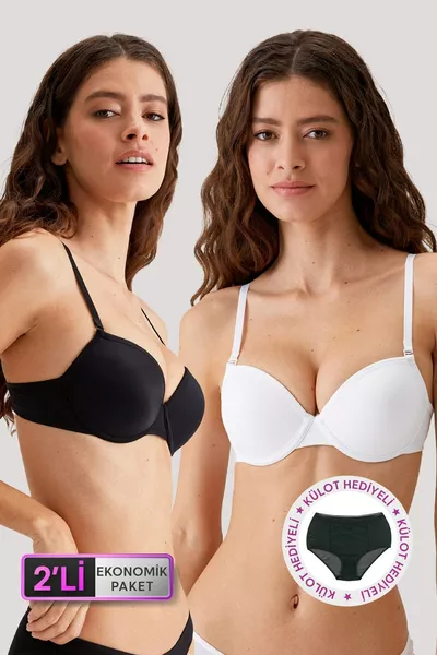 طقم اقتصادي مكوّن من قطعتين، أسود وأبيض  مدريد، حمالة صدر ميكرو بدون حشوة مع دعم بالبالات، مع شورت هدية