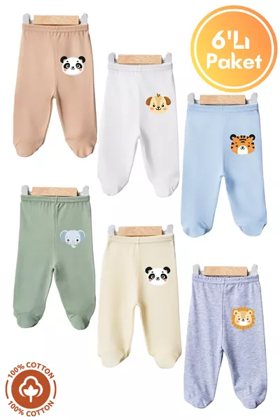 Set de 6 bas de pyjamas en coton biologique pour bébé unisexe avec motifs d'animaux, 0-6 mois, avec pieds