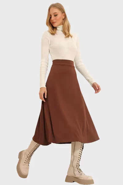 تنورة نسائية عالية الخصر بنمط A وطول ميدي مع خصر مطاطي 