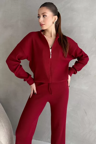 Burgundy Ribbed Knit Pants Bomber Jacket Women's Set