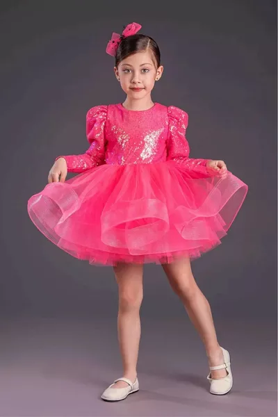 Robe Tutu pour Fille à Jupe Gren avec Sequins et Manches Longues  FUCHSIA