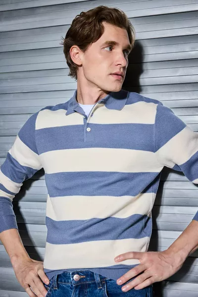 Standard Fit Regular Cut Striped Polo Neck Knit Sweater WN