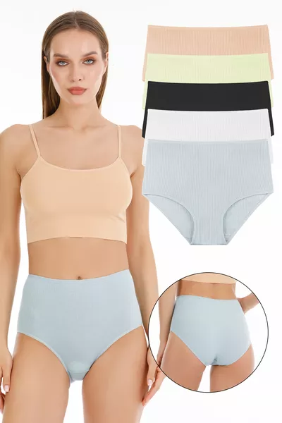 طقم 5 سراويل داخلية نسائية خيطية عالية الخصر - 