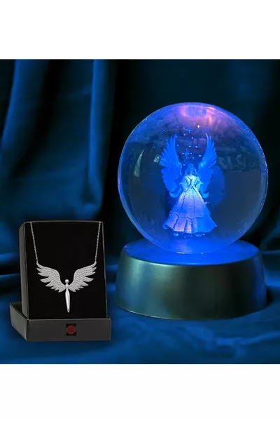 Светещ с LED променящ цвят ангел, стъклена сфера, лампа пълнолуние, кристална топка и сребърно ангелско колие