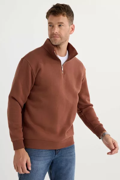 Unisex Relaxed Fit Comfortable Cotton Sweatshirt with Fleece Lining, Half-Zip, Brown, Stand Collar