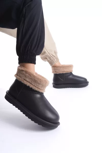 حذاء نسائي مريح مطر أسود مبطن بالفرو مقاوم للماء 