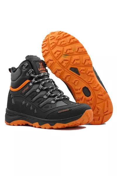 حذاء رجالي أسود وبرتقالي مقاوم للماء بتصميم تسلق بكعب فرو وسحاب 