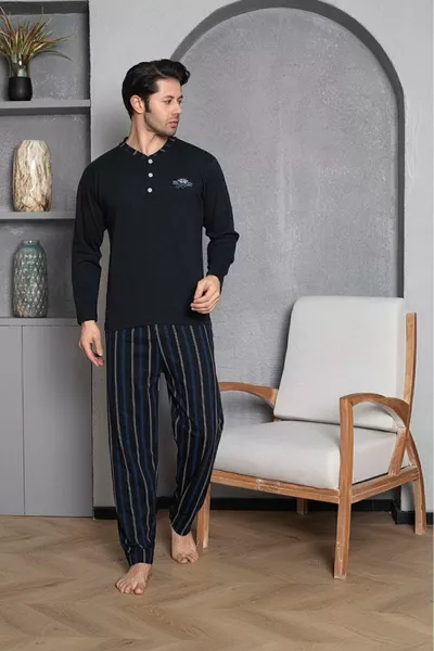 Men's Combed Black Long Sleeve Six-Striped Pajama Set