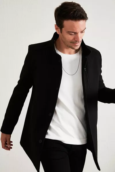 Slim Fit Knopen Hoge Kraag Wolmantel Herenjas 