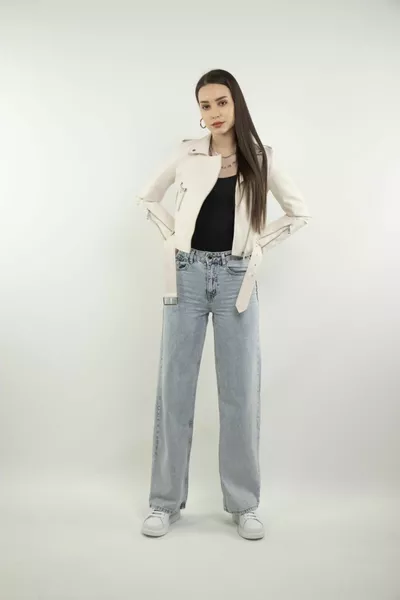 Metal Fermuarlı Kadın Beyaz Deri Ceket ( X-bı )