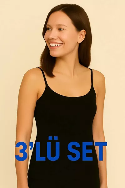 قميص داخلي نسائي أسود بحمالات خيطية، عبوة 3 قطع، قطن