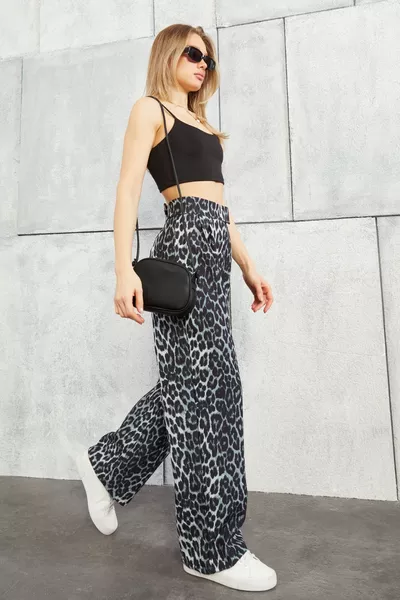 Kadın Yüksek Leopar Bel Cırtlı Beli Palazzo Pantolon