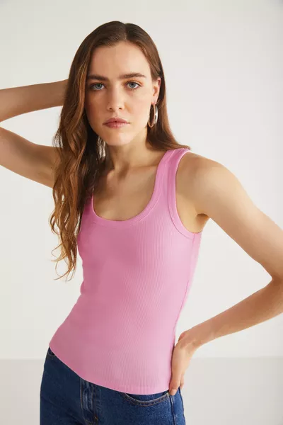 Lıllesol Women's Cotton Ribbed Look Square Neck Thick Strap Basic Dark Pink Tank Top