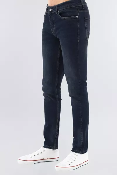 بنطال جينز رجالي كحلي، بحجم عادي، خمسة جيوب، كلاسيكي، نحيف، خصر عادي، بأزرار، مطاطي عند الركبة، -كحلي