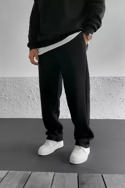 Pantaloni della tuta neri da uomo, invernali, a taglio ampio, in felpa cardata a tre fili, gamba dritta 