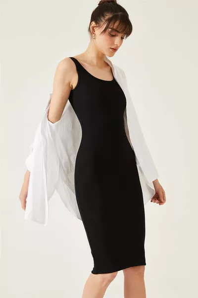 Schwarz – Damen Langkleid mit breiten Trägern aus Kaşkorse