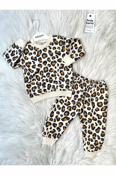 طقم أطفال كريمي بنقشة الفهد مكون من قطعتين