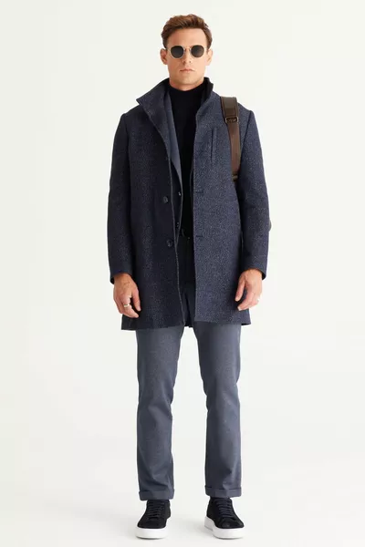 Мужской темно-синий свитер стандартного кроя с полуводолазкой, не скатывается, обычная посадка