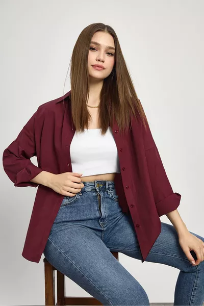 Bordo Relaxed Fit Rahat Kesim Basic Gömlek - a