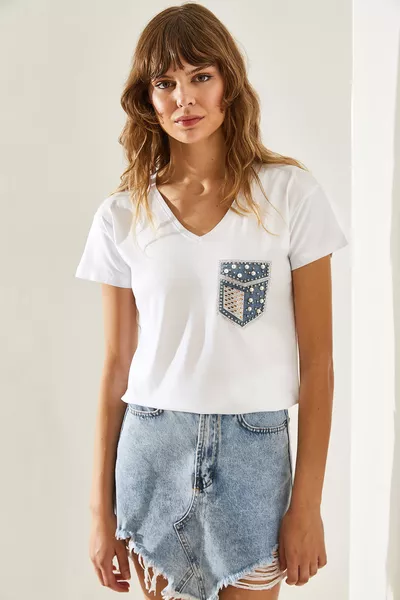 Women's Cotton T-Shirt with Jeans Detail and Pearl Stones 