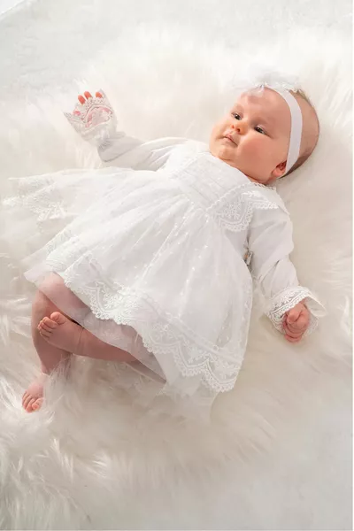 فستان مولود فتاة مع مزيج مولود فرنسي بالدانتيل، طقم مولود للأطفال