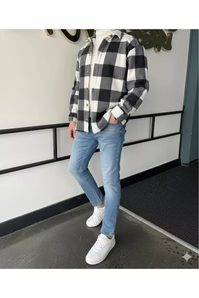 Black Oversized Plaid Thick Winter Men's Fleece Shirt