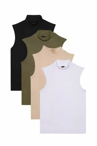 Blusa da donna pacco da 4 pezzi Nero-Khaki-Beige-Bianco, taglio regular fit, in tessuto viscosa, collo alto a girocollo, senza maniche