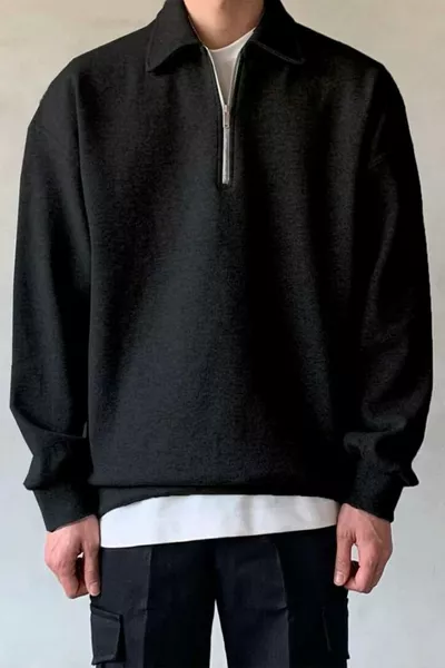 Men's Black Oversized Polo Collar Sweatshirt