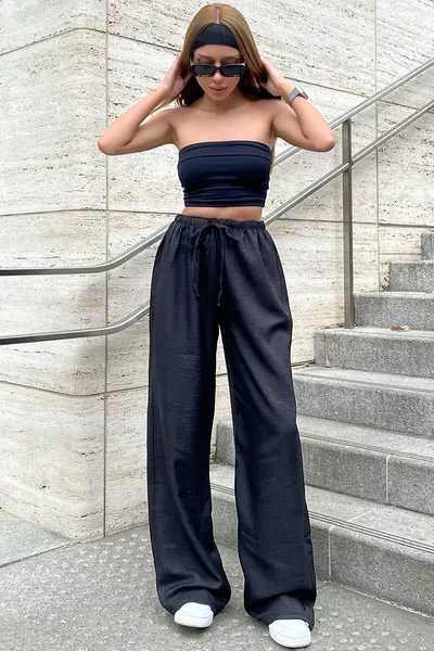 Pantalon Palazzo femme taille haute à jambes larges en mélange lin noir