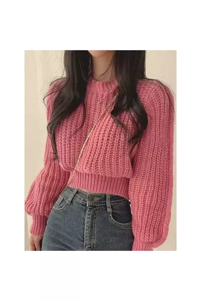 Cropped Loose-Fit Balloon Sleeve Crew Neck Pink Sweater