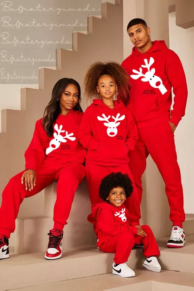 Noel Yılbaşı Aile Kombini Geyik Baskılı Kapüşonlu Kanguru Cepli Kırmızı Sweatshirt (tek Fiyatıdır)
