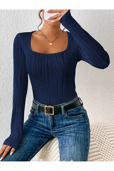 Blusa blu scuro con elastan, vita alta, maniche lunghe, scollo quadrato, tessuto a maglia, primavera, autunno, inverno