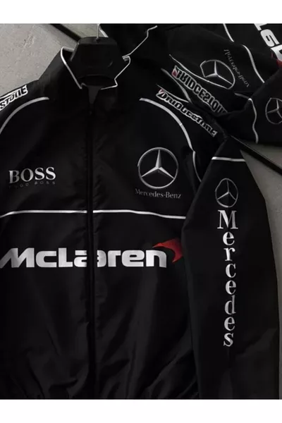 جاكيت واقٍ من الرياح أسود مقاس كبير مطبوع من قماش الباراشوت للجنسين