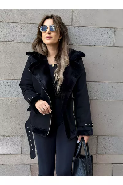 Дамско черно велурено байкърско яке с пълна подплата от коприна, качулка с кожа и колан на талията