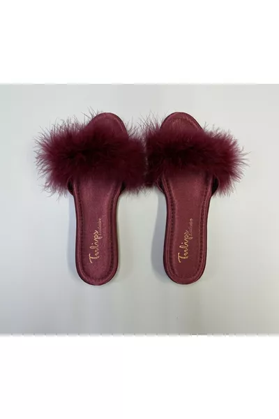 Tüylü Gelin Çeyiz Terligi Bordo Kadın Terlik