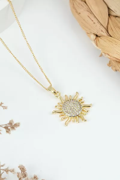 Women's Steel Sun Necklace with Zircon Stones