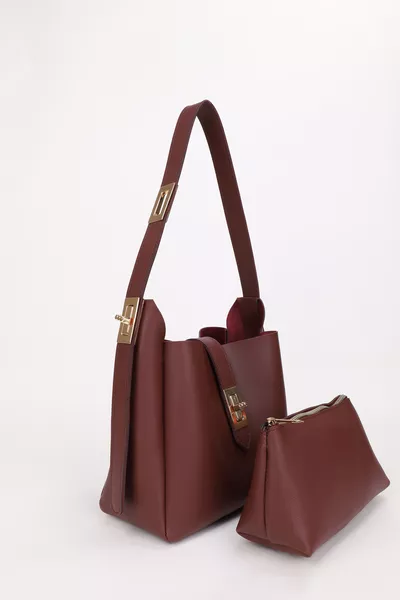 Borsa da donna con spallacci regolabili, dettagli in bordo oro e chiusura a lucchetto, da portare a mano, a spalla o a tracolla