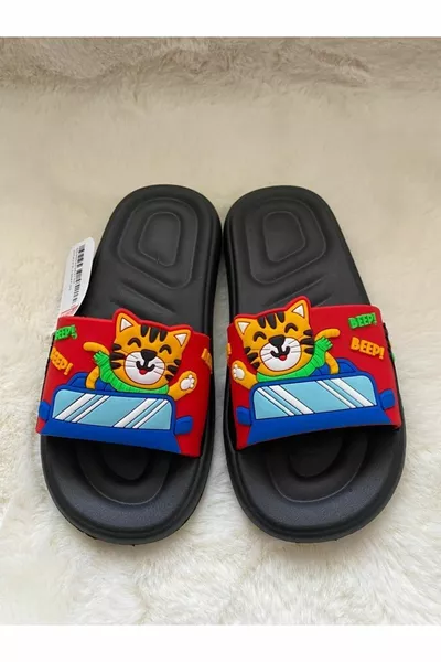 Chaussons pour enfants unisexes antidérapants avec motif de chat et voiture, rouge et bleu