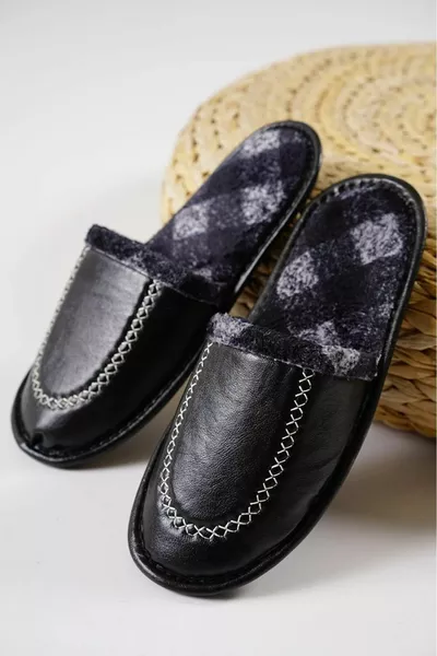 Men's Black Leather-Look Soft Sole Slippers
