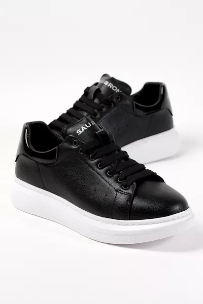 Schwarze McQueen Style Sportschuhe mit weißer Sohle, Alltagssneaker 